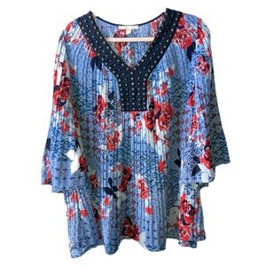 Woman Within 22/24 flowy sheer bell sleeve blouse embellished EUC P8208